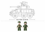 Sluban MB-EBRC 6x6 Wheeled Infantry Combat Vehicle side profile measurement graphic showing a 16.3 cm vehicle length with two included soldier figures below