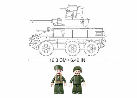 Sluban MB-EBRC 6x6 Wheeled Infantry Combat Vehicle side profile measurement graphic showing a 16.3 cm vehicle length with two included soldier figures below