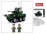 Sluban M38-B0753 product specification graphic showing the green EBRC 6x6 vehicle, two soldier figures, 382 piece count and 38 x 28.5 x 6.7 cm package dimensions
