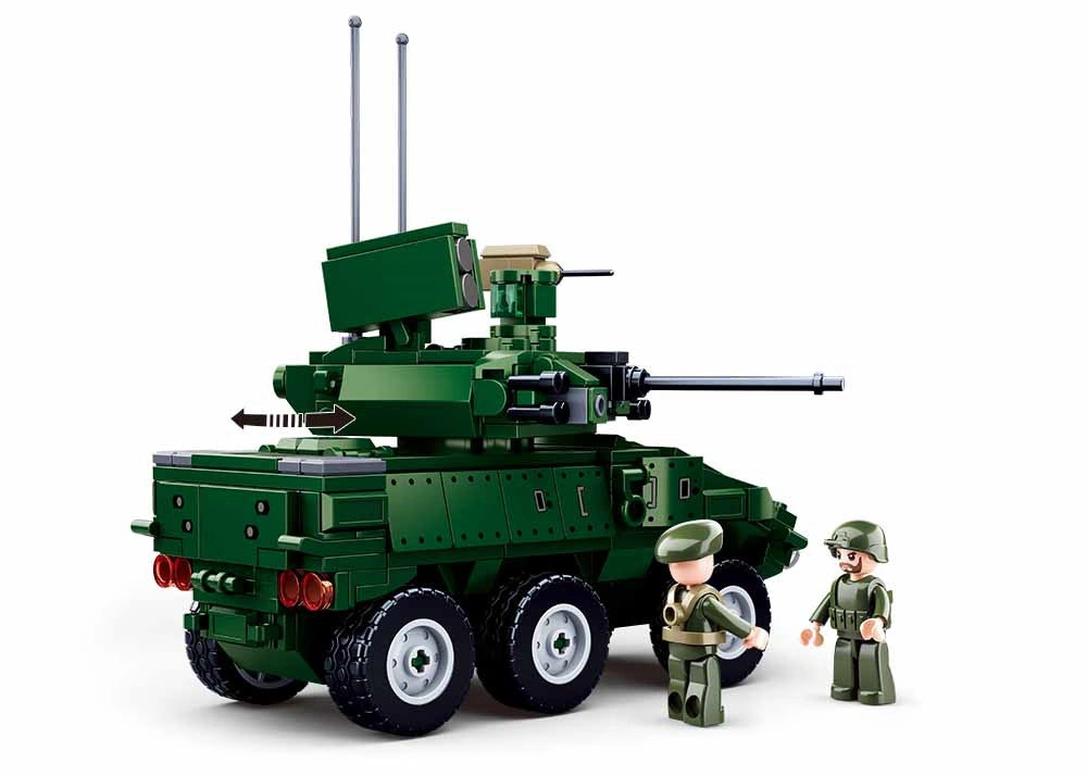 Sluban MB-EBRC 6x6 Wheeled Infantry Combat Vehicle shown from the rear side with six large wheels, rotating turret, long cannon, twin antennas, red rear lights and two soldier figures