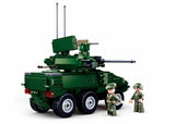 Sluban MB-EBRC 6x6 Wheeled Infantry Combat Vehicle shown from the rear side with six large wheels, rotating turret, long cannon, twin antennas, red rear lights and two soldier figures