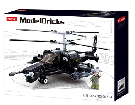 Sluban Model Bricks M38-B0752 KA-50 Black Shark box front showing the black helicopter, pilot figure, 330 piece count and 8 to 14 age marking