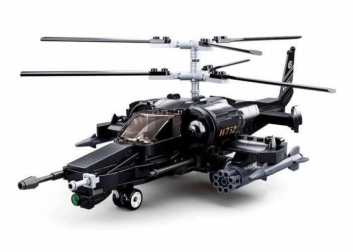 Sluban Model Bricks KA-50 Black Shark helicopter shown from the front side with dark cockpit canopy, twin stacked rotor blades, nose gun, rocket pod, side weapon mounts and landing wheels
