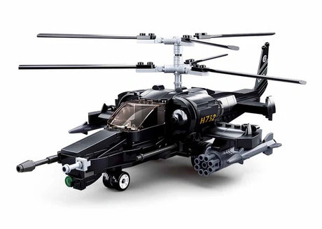 Sluban Model Bricks KA-50 Black Shark helicopter shown from the front side with dark cockpit canopy, twin stacked rotor blades, nose gun, rocket pod, side weapon mounts and landing wheels
