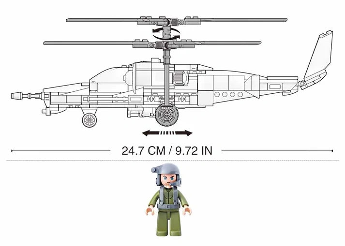 Sluban Model Bricks KA-50 Black Shark side profile measurement graphic showing the helicopter at 24.7 cm long with twin stacked rotors and the included pilot figure below
