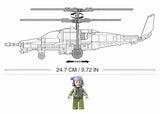 Sluban Model Bricks KA-50 Black Shark side profile measurement graphic showing the helicopter at 24.7 cm long with twin stacked rotors and the included pilot figure below