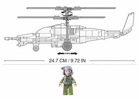 Sluban Model Bricks KA-50 Black Shark side profile measurement graphic showing the helicopter at 24.7 cm long with twin stacked rotors and the included pilot figure below