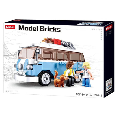 Sluban Model Bricks T1 Car box angled view showing the campervan, 2 minifigures and cat figure