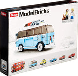 Back of Sluban Model Bricks T1 Car box showing the completed campervan, 2 minifigures, cat figure and 14.9 cm model length
