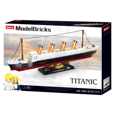 Front of Sluban ModelBricks Titanic 1:700 box showing the 481 piece ship model, two figures and display stand