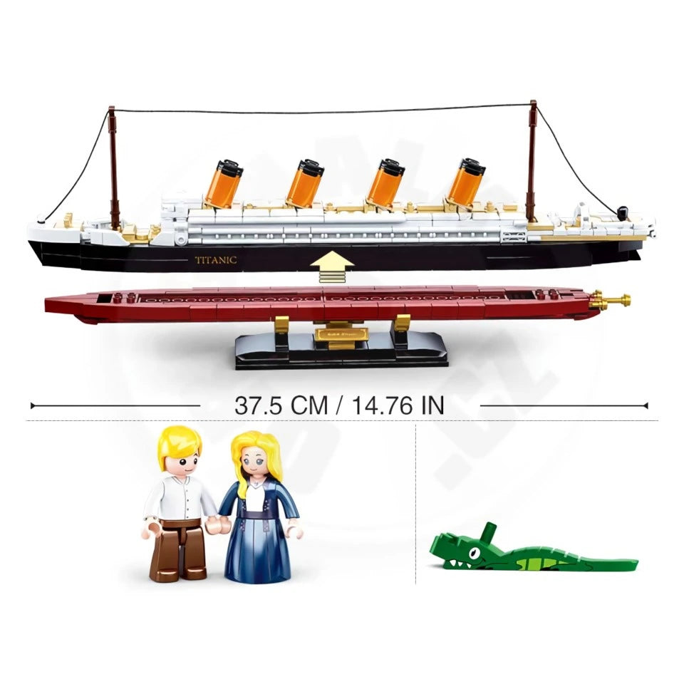 Sluban ModelBricks Titanic 1:700 side view showing the 37.5 cm model length, two figures and additional green figure