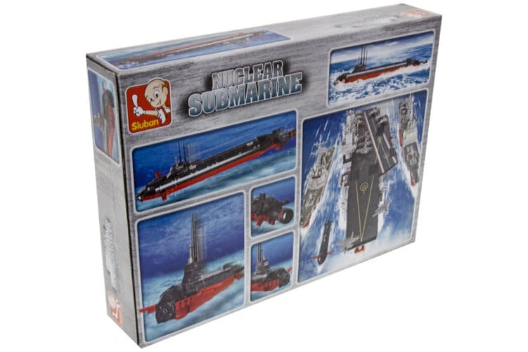 Back of the Sluban Nuclear Submarine box showing multiple views and details of the submarine model