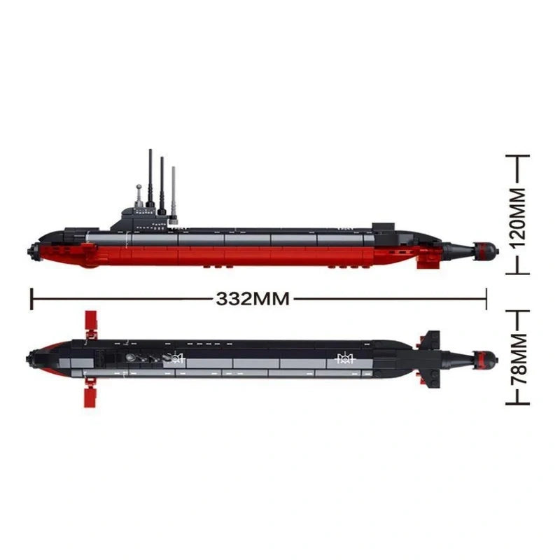 Sluban Nuclear Submarine shown from the side and top with 332 mm length, 120 mm height and 78 mm width measurements