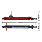 Sluban Nuclear Submarine shown from the side and top with 332 mm length, 120 mm height and 78 mm width measurements