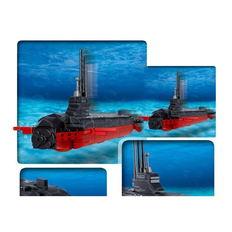 Sluban Nuclear Submarine shown from front and rear angles with close views of the upper tower and hull