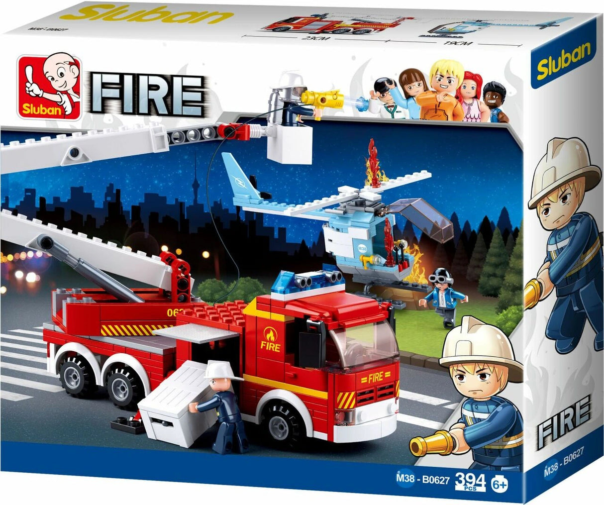 Sluban Fire M38-B0627 box front showing the red platform fire truck with extended ladder, blue helicopter, firefighter figures, 394 piece count and 6+ age marking