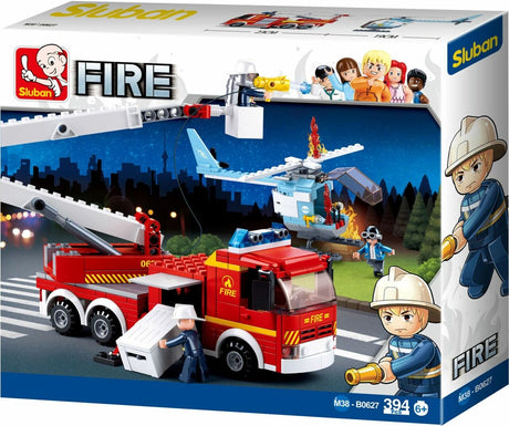 Sluban Fire M38-B0627 box front showing the red platform fire truck with extended ladder, blue helicopter, firefighter figures, 394 piece count and 6+ age marking