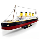 Sluban Titanic 1:350 rear angled view showing the black and red hull, white decks, four yellow funnels and display stand