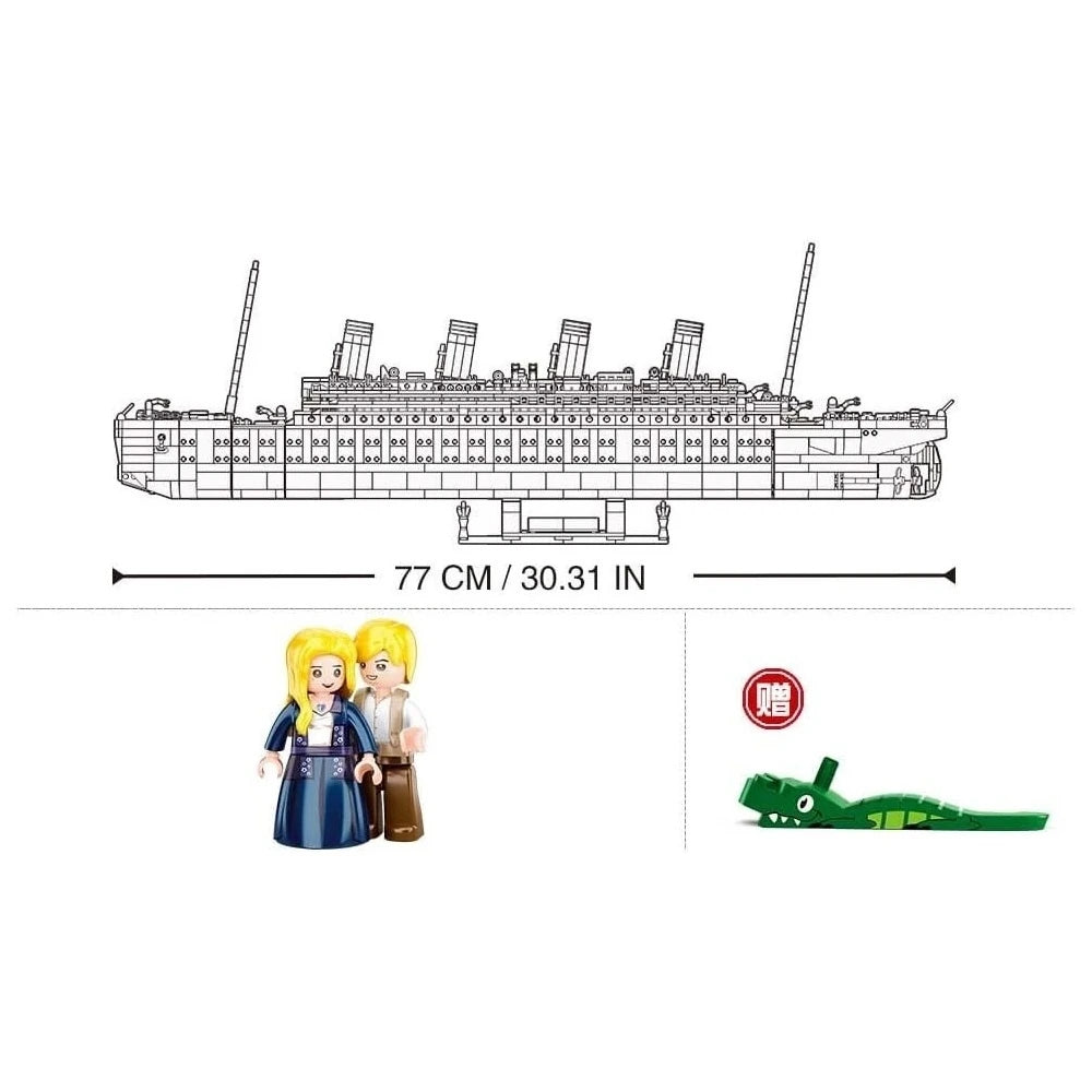 Sluban Titanic 1:350 side diagram showing the 77 cm model length and 2 included figures