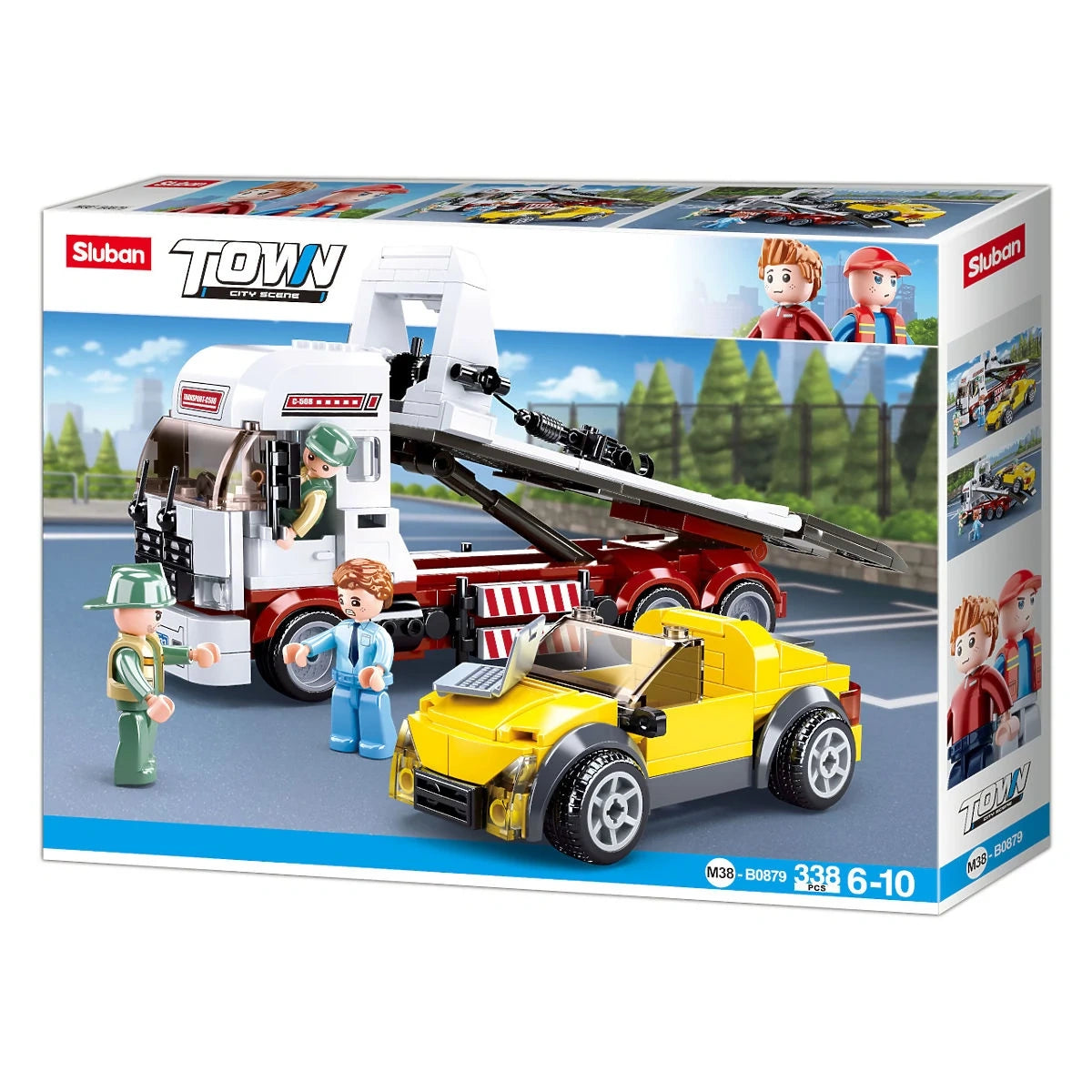 Sluban Town M38-B0879 box front showing the flatbed tow truck, yellow sports car, three figures, 338 piece count and 6 to 10 age marking
