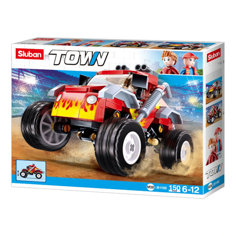 Sluban Town Off Road Vehicle Red M38 B1105 box showing the 150 piece red off road vehicle building set