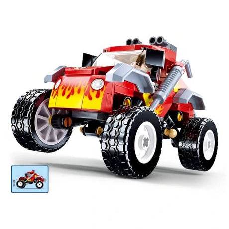 Sluban Town Off Road Vehicle Red shown from the front with flame graphics, large tyres and raised suspension