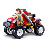 Sluban Town Off Road Vehicle Red rear angled view with the included figure beside the vehicle