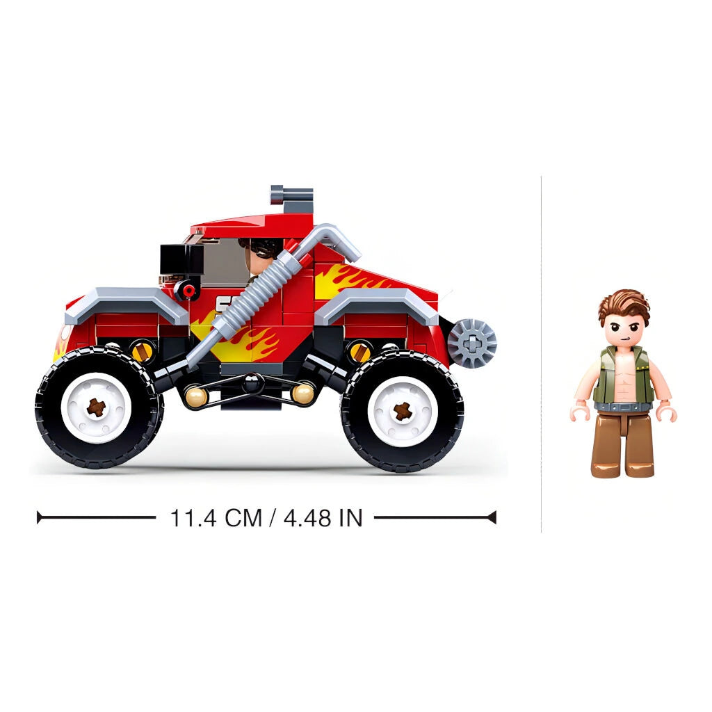Sluban Town Off Road Vehicle Red side view showing the included figure and 11.4 cm vehicle length