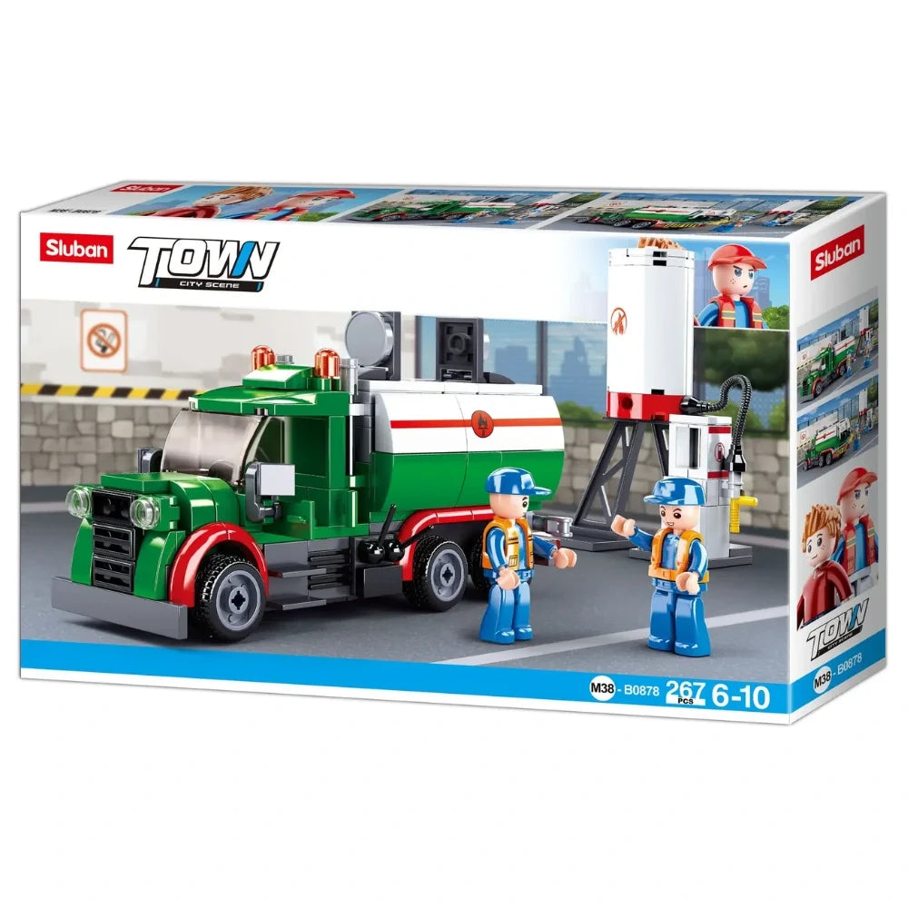 Sluban Town Tanker box showing the green and white tanker truck, fuel pump, 2 figures and 267 piece count