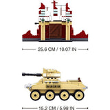Sluban WWII Battle Of Stalingrad size graphic showing the ruined building at 25.6 cm wide and the tan eight wheel armoured car at 15.2 cm long