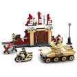 Sluban WWII Battle Of Stalingrad set showing the ruined building, tan eight wheel armoured car, motorcycle, field cannon, street lamp, barricade, barbed wire and soldier figures