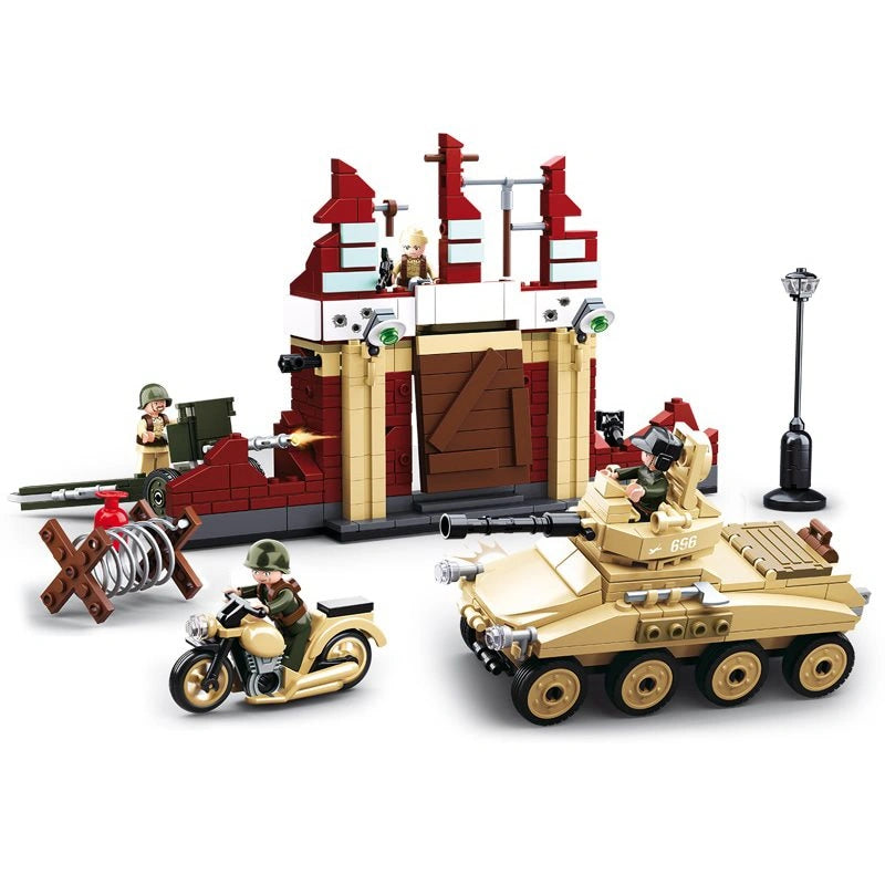 Sluban WWII Battle Of Stalingrad set showing the ruined building, tan eight wheel armoured car, motorcycle, field cannon, street lamp, barricade, barbed wire and soldier figures
