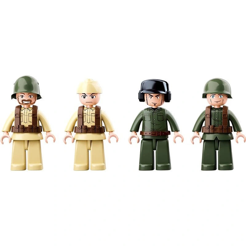 Four Sluban WWII soldier figures shown together in tan and dark green uniforms with helmets and headgear