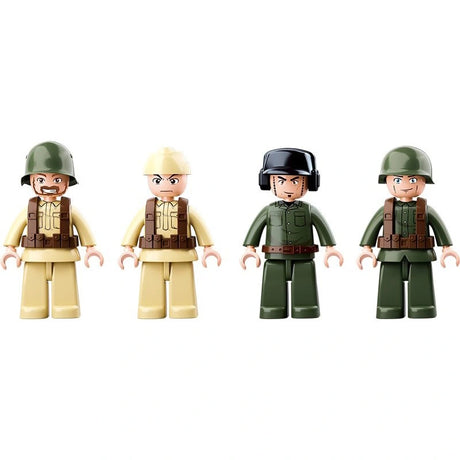 Four Sluban WWII soldier figures shown together in tan and dark green uniforms with helmets and headgear