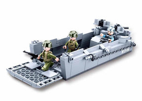 Sluban WWII Higgins Landing Craft shown with the front bow ramp lowered, two soldier figures moving through the open deck and a third figure at the rear control position