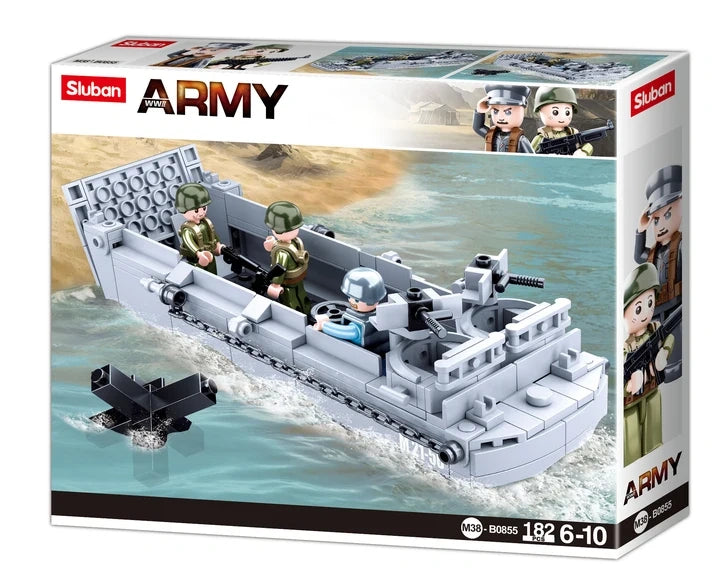 Sluban Army M38-B0855 Higgins Landing Craft box front showing the grey landing craft, three figures, 182 piece count and 6 to 10 age marking
