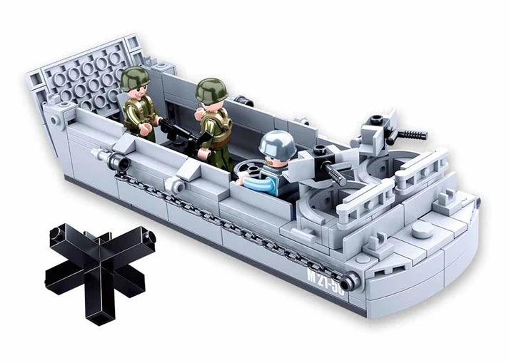 Sluban WWII Higgins Landing Craft viewed from above with three figures inside the open deck, rear gun positions, steering wheel, side chains and black beach obstacle accessory