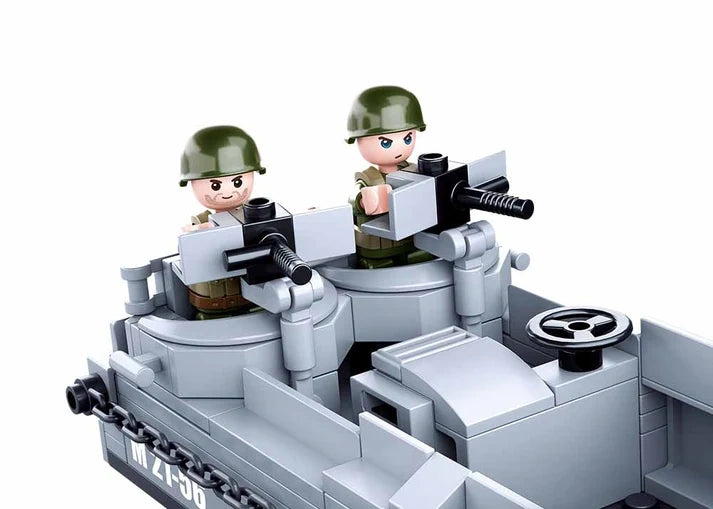 Close view of the Sluban WWII Higgins Landing Craft rear section showing two soldier figures at the mounted gun positions and the steering wheel inside the boat