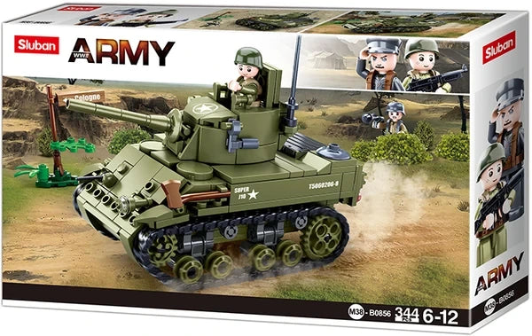 Front of Sluban WWII M5 Light Tank box showing the 344 piece tank building set and soldier figures