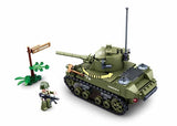 Sluban WWII M5 Light Tank rear angled view showing the rotating turret, tracks, antenna and soldier figure
