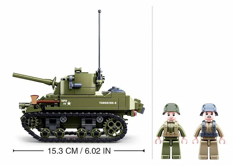 Sluban WWII M5 Light Tank side view showing the 15.3 cm model length and two soldier figures
