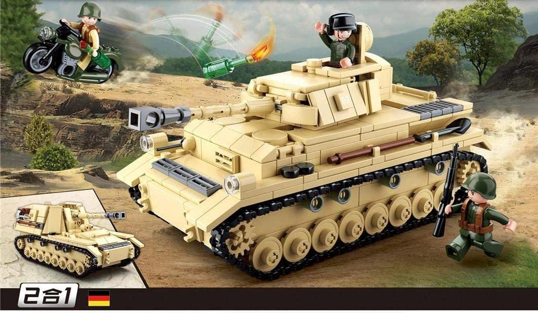 Sluban WWII Panzer IV shown in a battlefield scene with the tan tracked tank, green motorcycle, three soldier figures and a projectile graphic above the turret