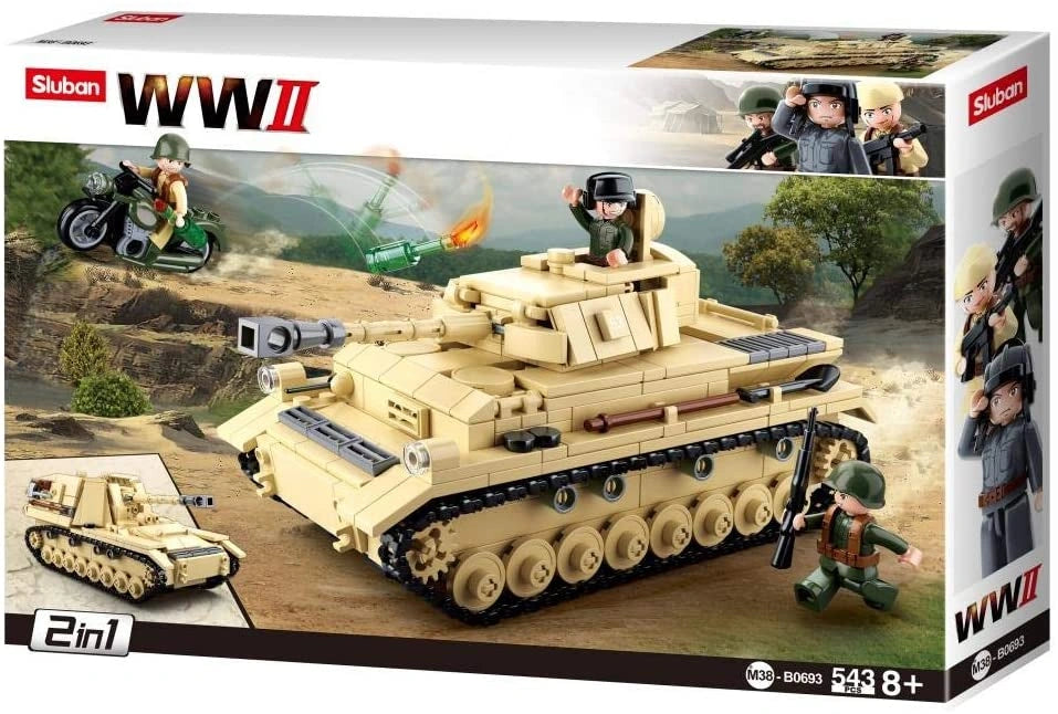 Sluban WWII M38-B0693 box front showing the tan Panzer IV tank, motorcycle, soldier figures, 2 in 1 build marking, 543 piece count and 8+ age marking