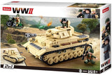 Sluban WWII M38-B0693 box front showing the tan Panzer IV tank, motorcycle, soldier figures, 2 in 1 build marking, 543 piece count and 8+ age marking