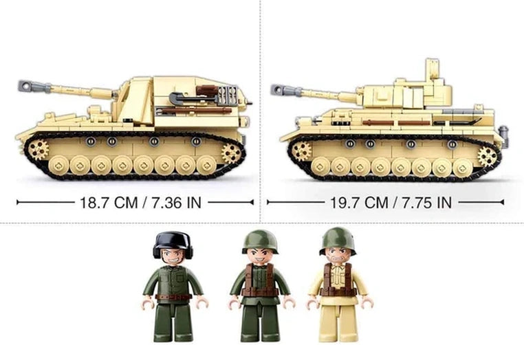Sluban WWII Panzer IV comparison graphic showing the two tracked vehicle builds at 18.7 cm and 19.7 cm long with three included soldier figures below