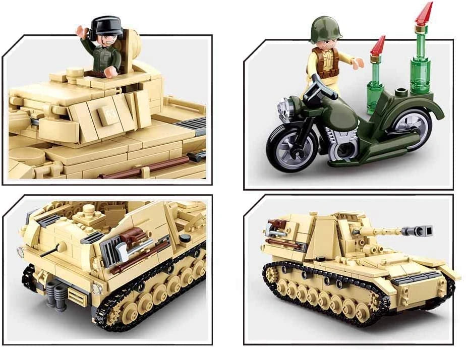 Sluban WWII Panzer IV feature graphic showing the tank turret, green motorcycle with rider and rockets, rear tank detail and the alternative tracked vehicle build
