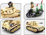 Sluban WWII Panzer IV feature graphic showing the tank turret, green motorcycle with rider and rockets, rear tank detail and the alternative tracked vehicle build