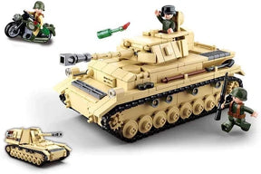 Sluban WWII Panzer IV tan tank with tracked chassis, rotating turret and main gun, shown with a green motorcycle and three soldier figures
