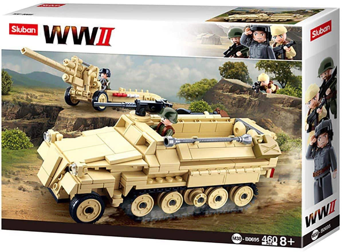 Sluban WWII M38-B0695 box front showing the tan SD.KFZ 251 Half-Track, separate K18 105mm Cannon, soldier figures, 460 piece count and 8+ age marking