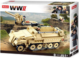 Sluban WWII M38-B0695 box front showing the tan SD.KFZ 251 Half-Track, separate K18 105mm Cannon, soldier figures, 460 piece count and 8+ age marking